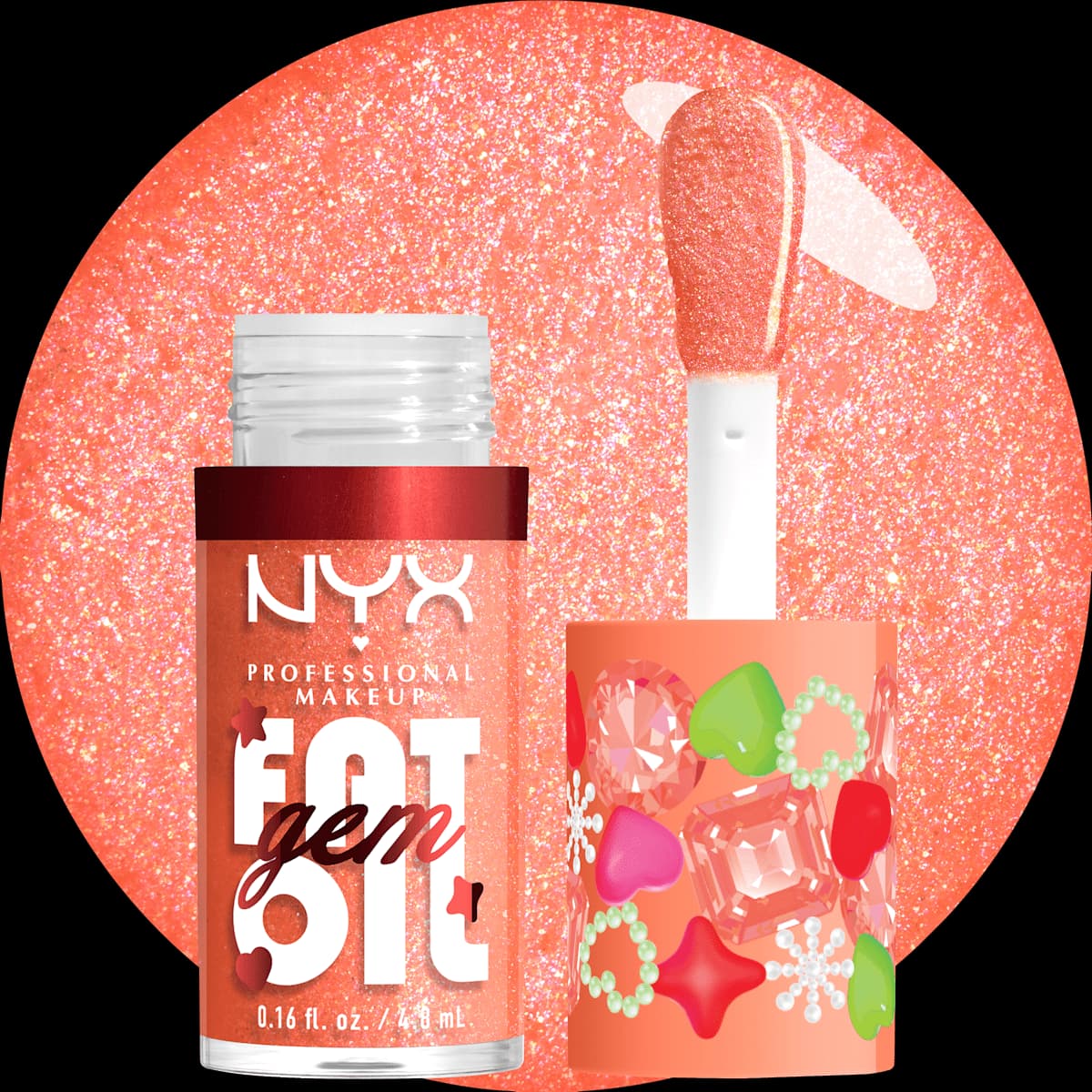 NYX Fat Oil Gem Lip Drip in a peach-orange shimmer shade with wand and glittery coral swatch backdrop.