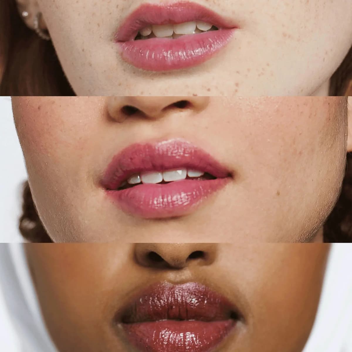 Three close-ups of lips across light, medium and deep skin tones wearing the sheer berry tint