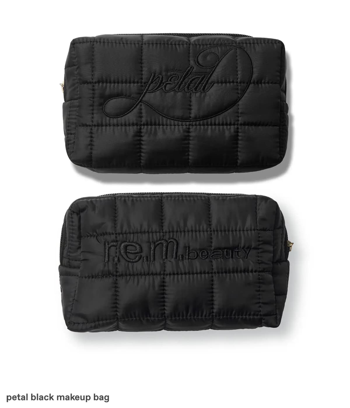 Front and back of black quilted makeup bag with tonal script petal and r.e.m. beauty embroidery