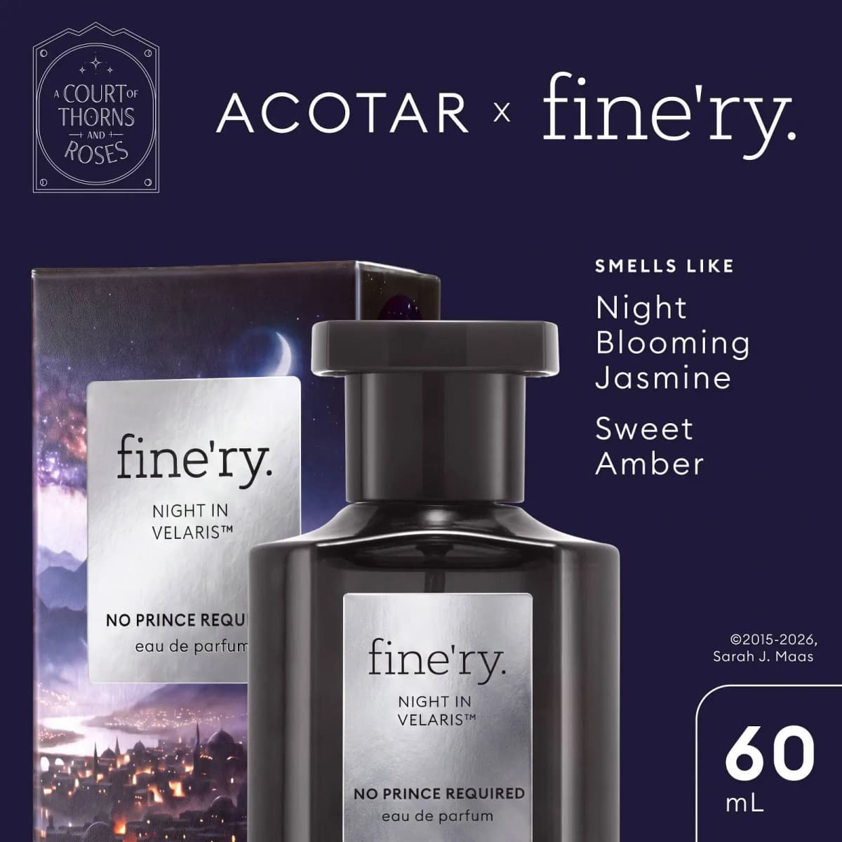 Dark Night in Velaris bottle with silver label and moonlit city box, notes Night Blooming Jasmine and Sweet Amber