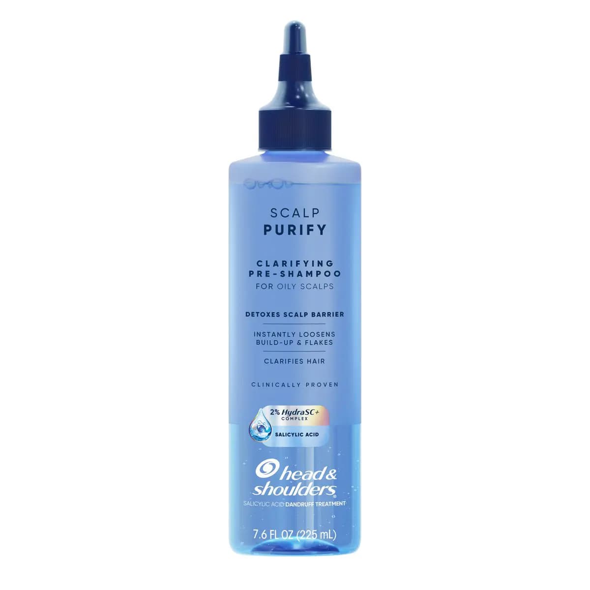 Head & Shoulders Scalp Purify Clarifying Pre-Shampoo in a translucent blue bottle with a navy applicator nozzle tip