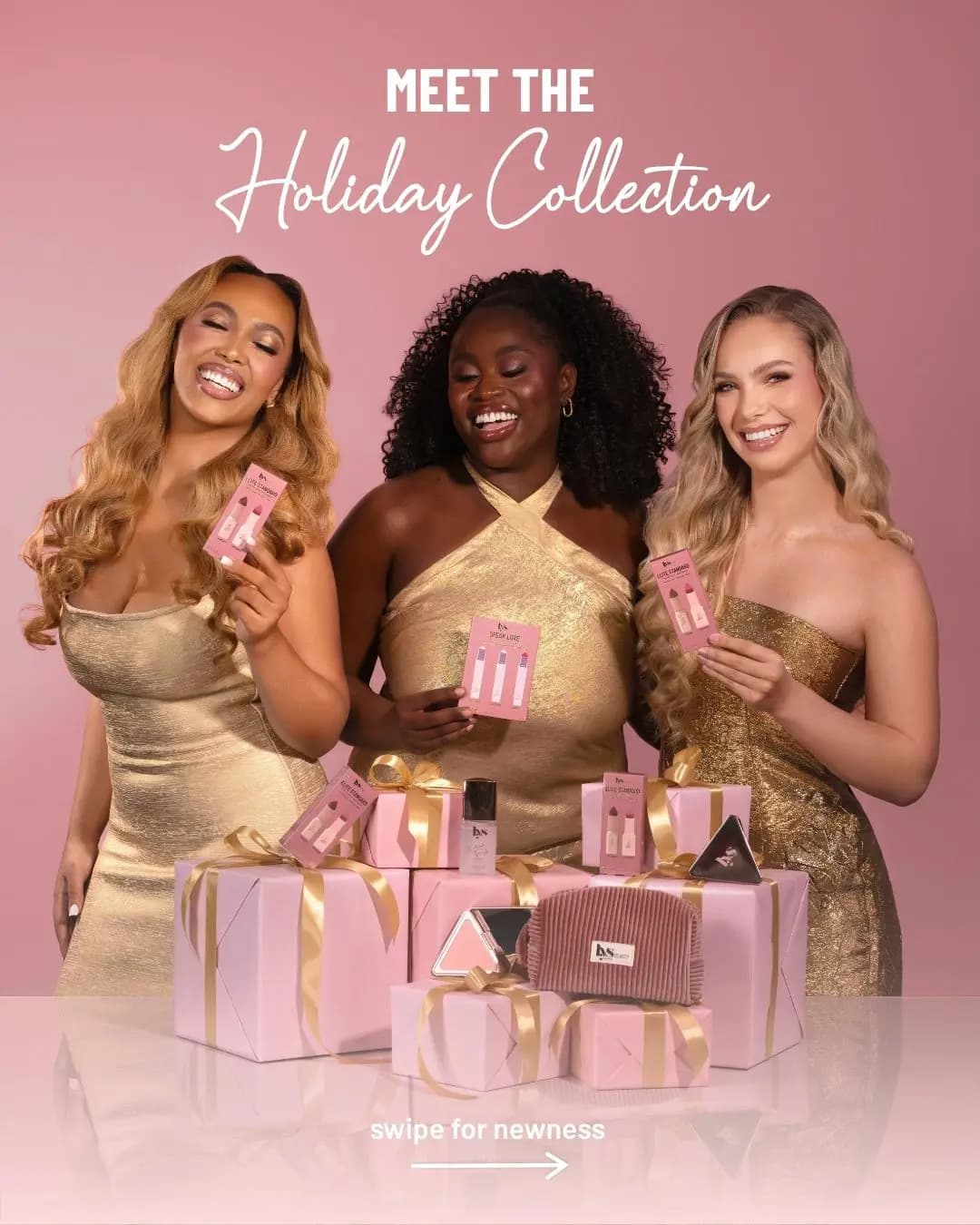 LYS Beauty Holiday 2026 Collection: three models in gold dresses hold mini sets beside pink gifts, a pouch and a compact