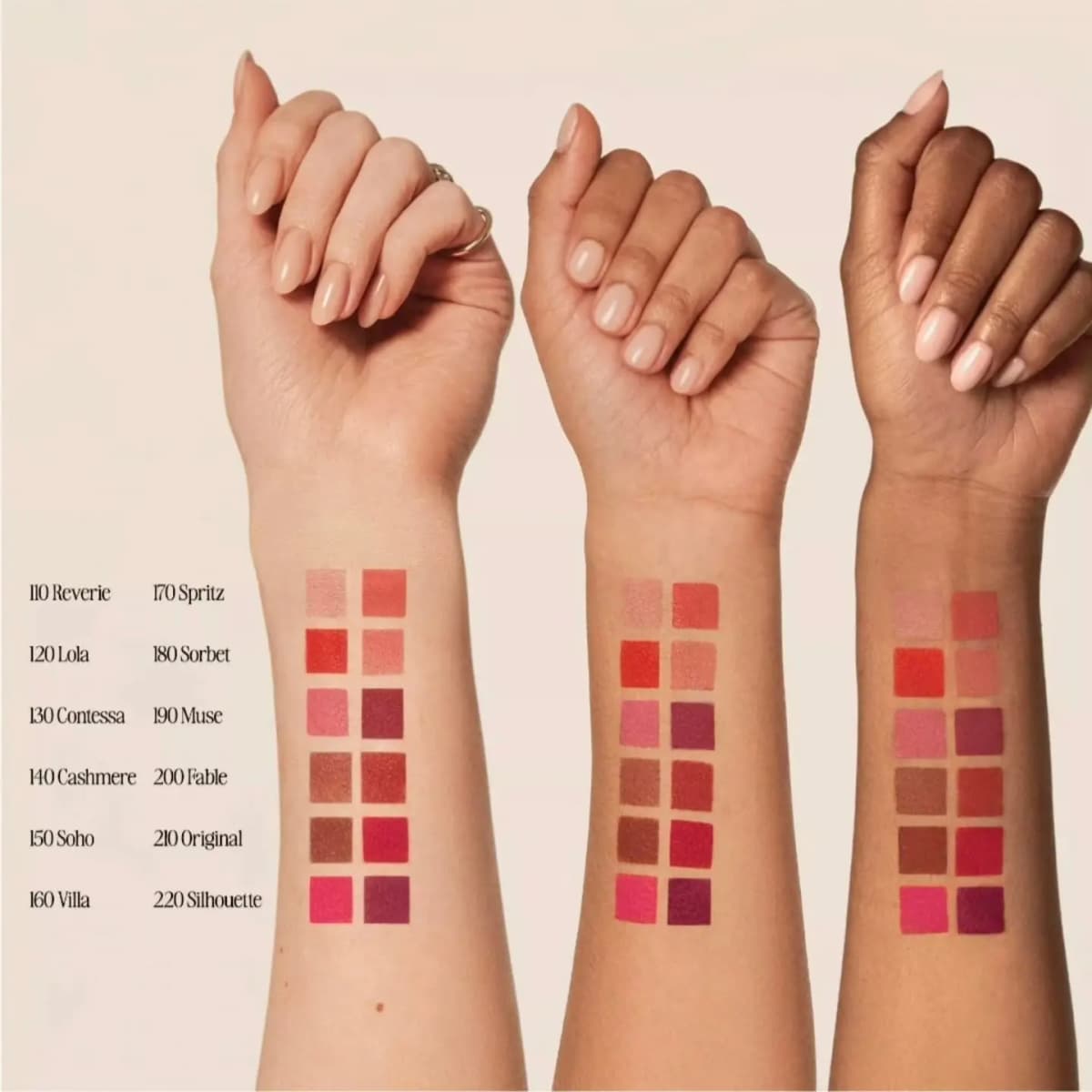 Twelve lipstick swatches labelled from Reverie to Silhouette on light, medium and deep skin-tone forearms