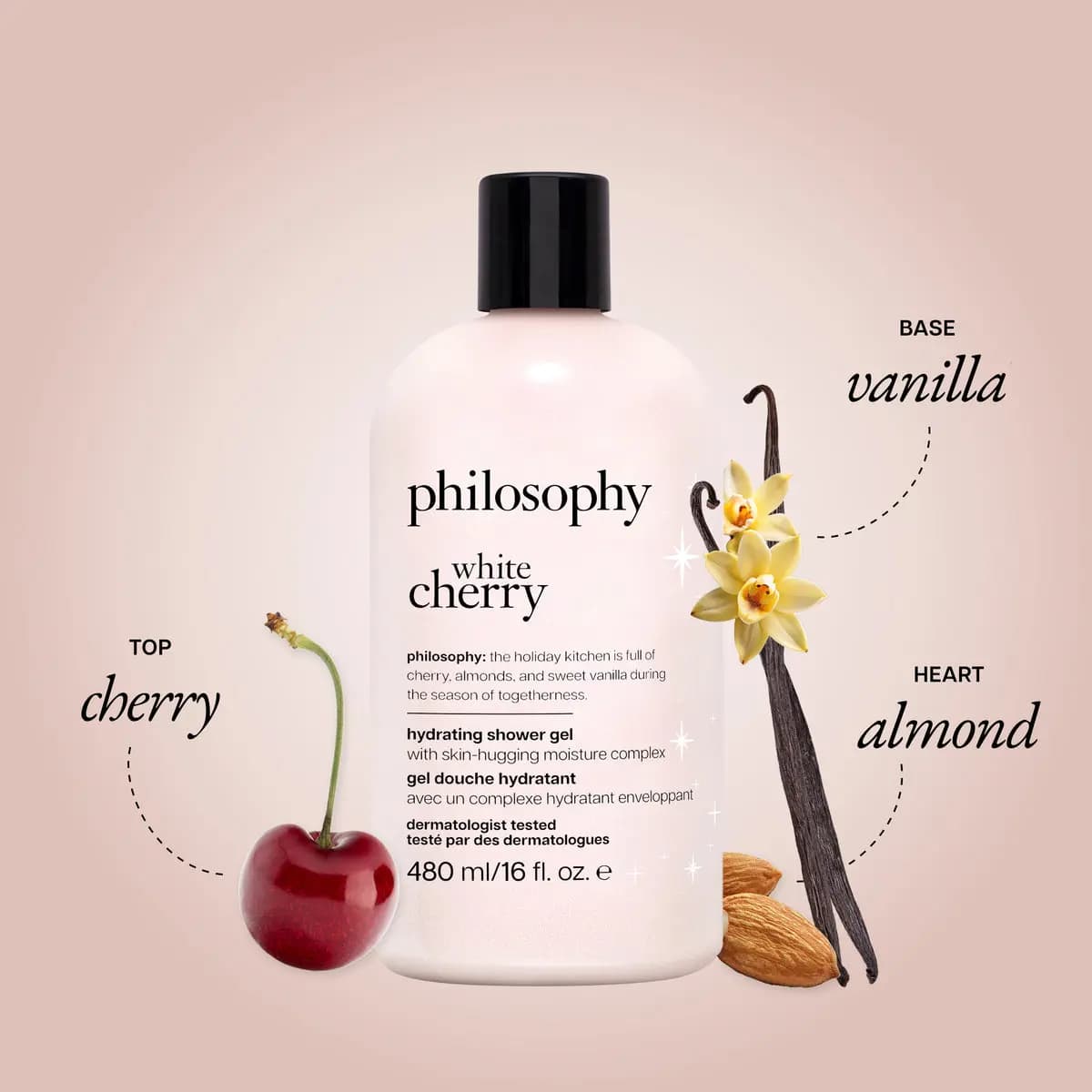Soft pink philosophy white cherry 16 oz shower gel with a red cherry, almonds and vanilla pods with yellow flowers