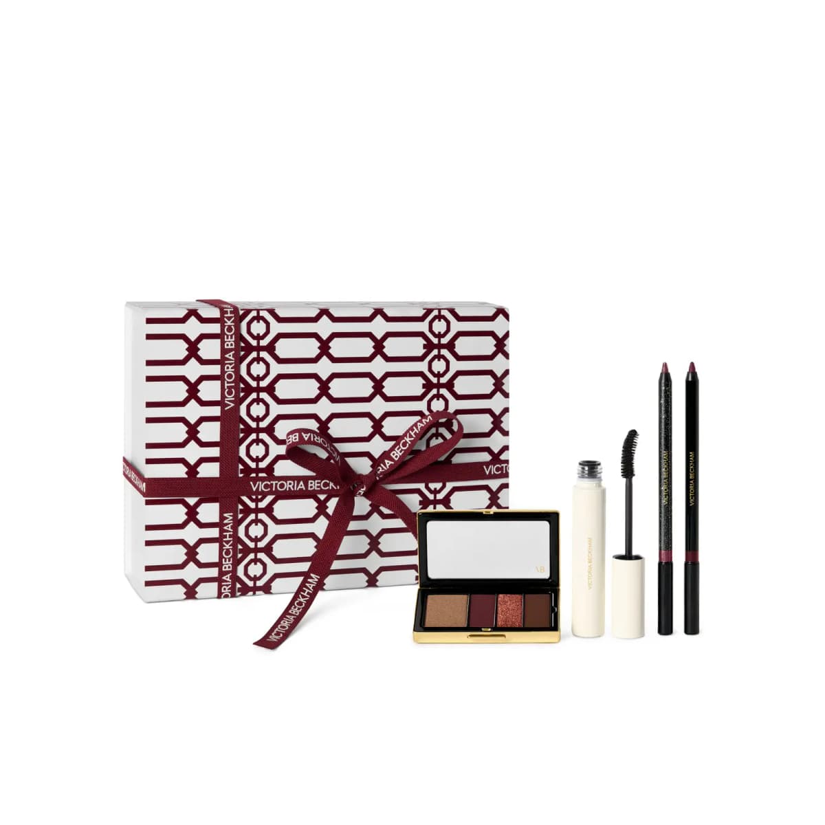 Victoria Beckham Beauty Eye Wardrobe Collection Bordeaux set: burgundy-print gift box with eyeshadow quad, mascara