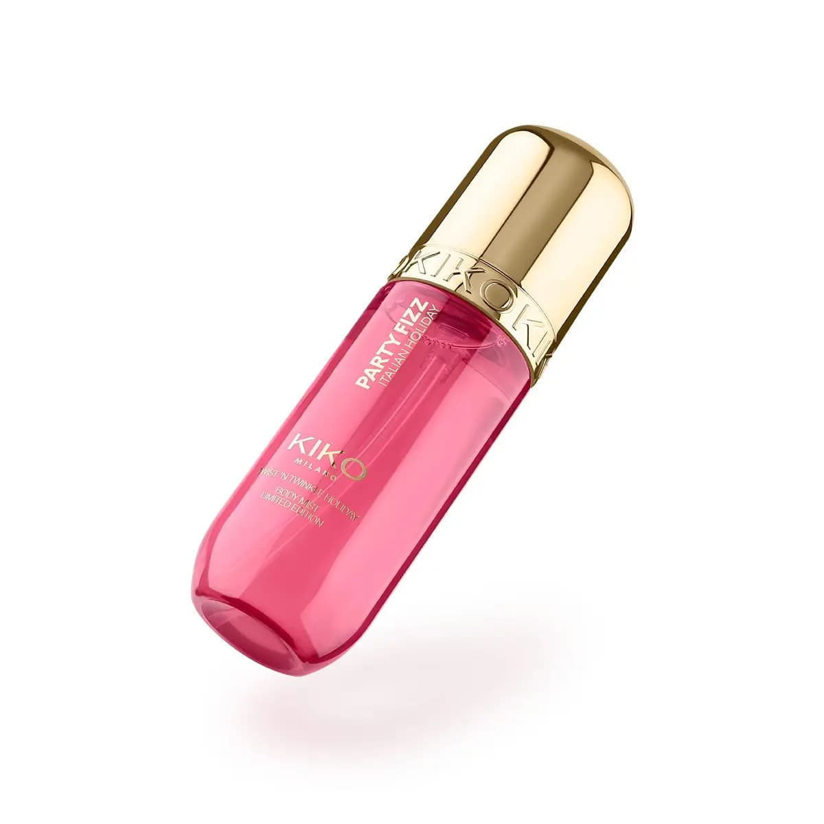 Party Fizz Italian Holiday body mist in a pink translucent bottle with gold KIKO cap