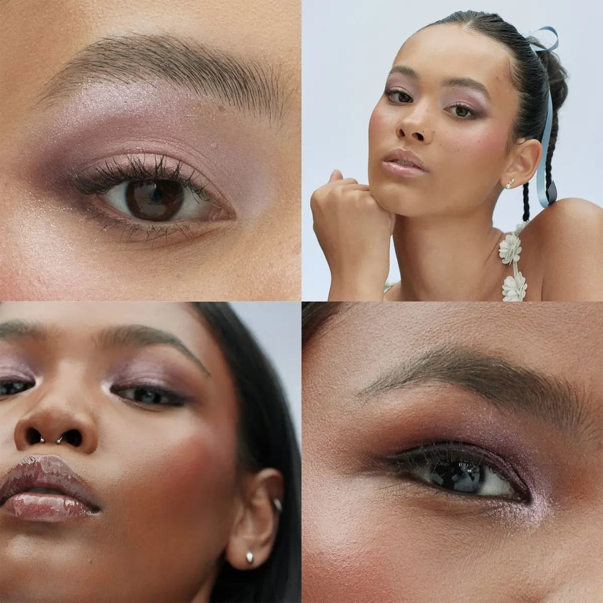 Four-panel collage of models wearing shimmery pink and plum eyeshadow looks with glossy lips and rosy cheeks.