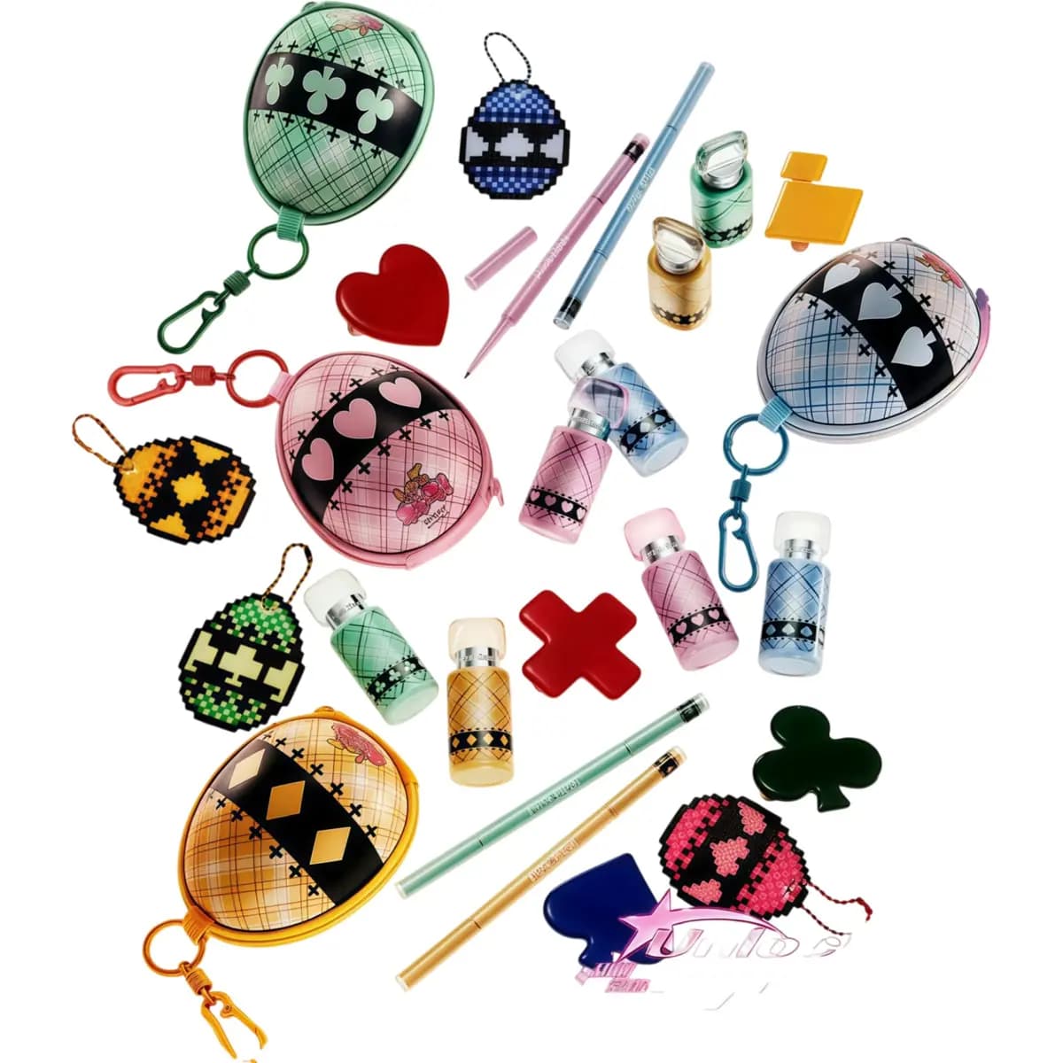 Flat lay of Pink Bear x Shugo Chara collection with plaid egg-shaped cases, lip bottles, eyeliner pens
