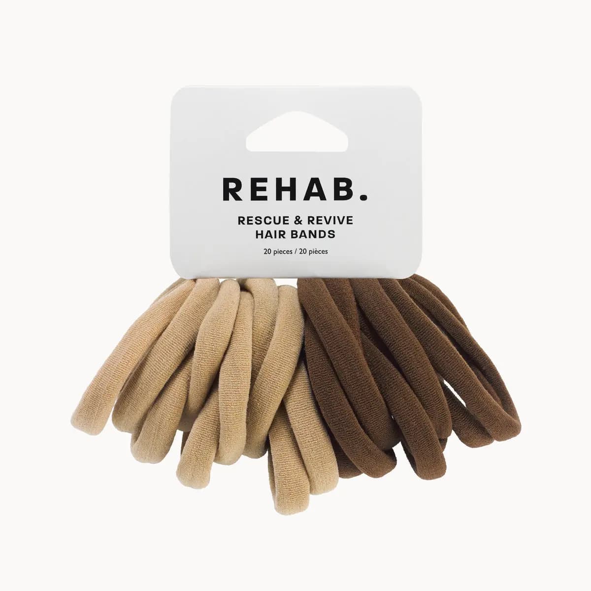 Pack of 20 hair bands in beige and chocolate brown hanging from a white Rehab card