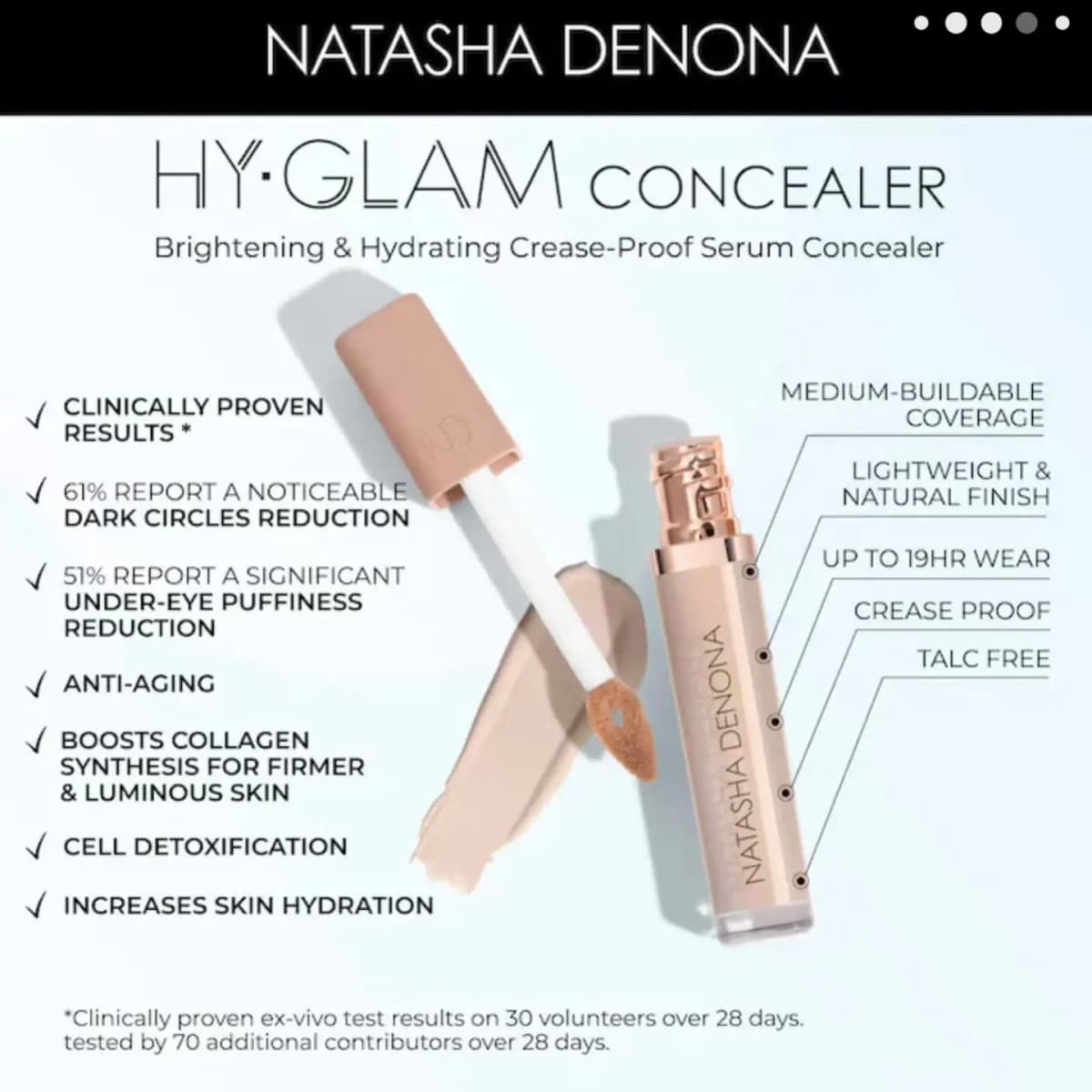 Infographic listing claims like dark circle reduction, 19-hour wear and crease-proof beside an open tube