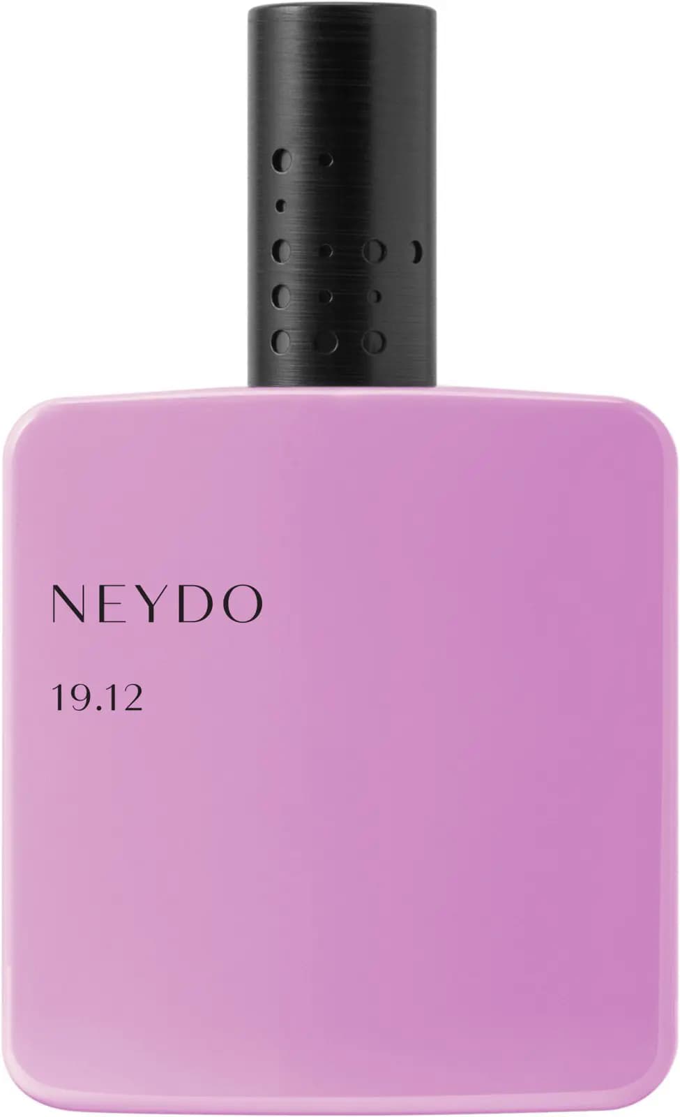 Lilac NEYDO 19.12 bottle with perforated brushed black cap on a plain white background