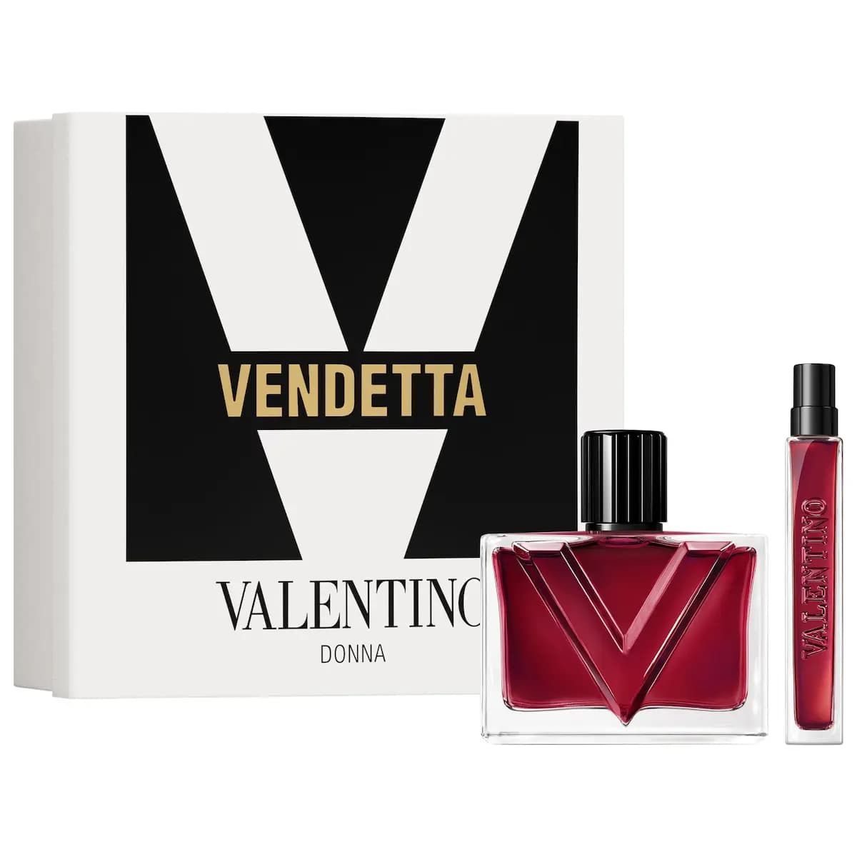 Vendetta Donna gift set with red bottle and travel spray in front of white and black V box