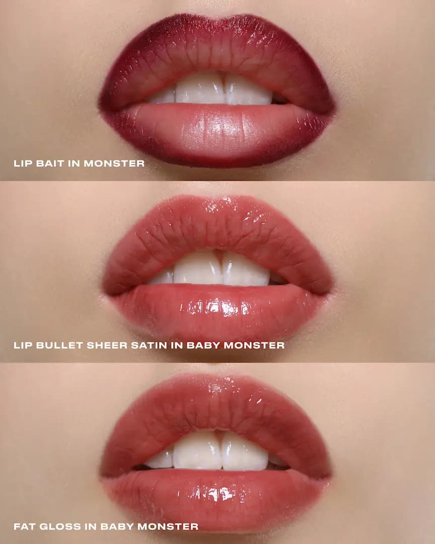 Lip swatches of Lip Bait in Monster plus Lip Bullet Sheer Satin and Fat Gloss in Baby Monster on fair skin