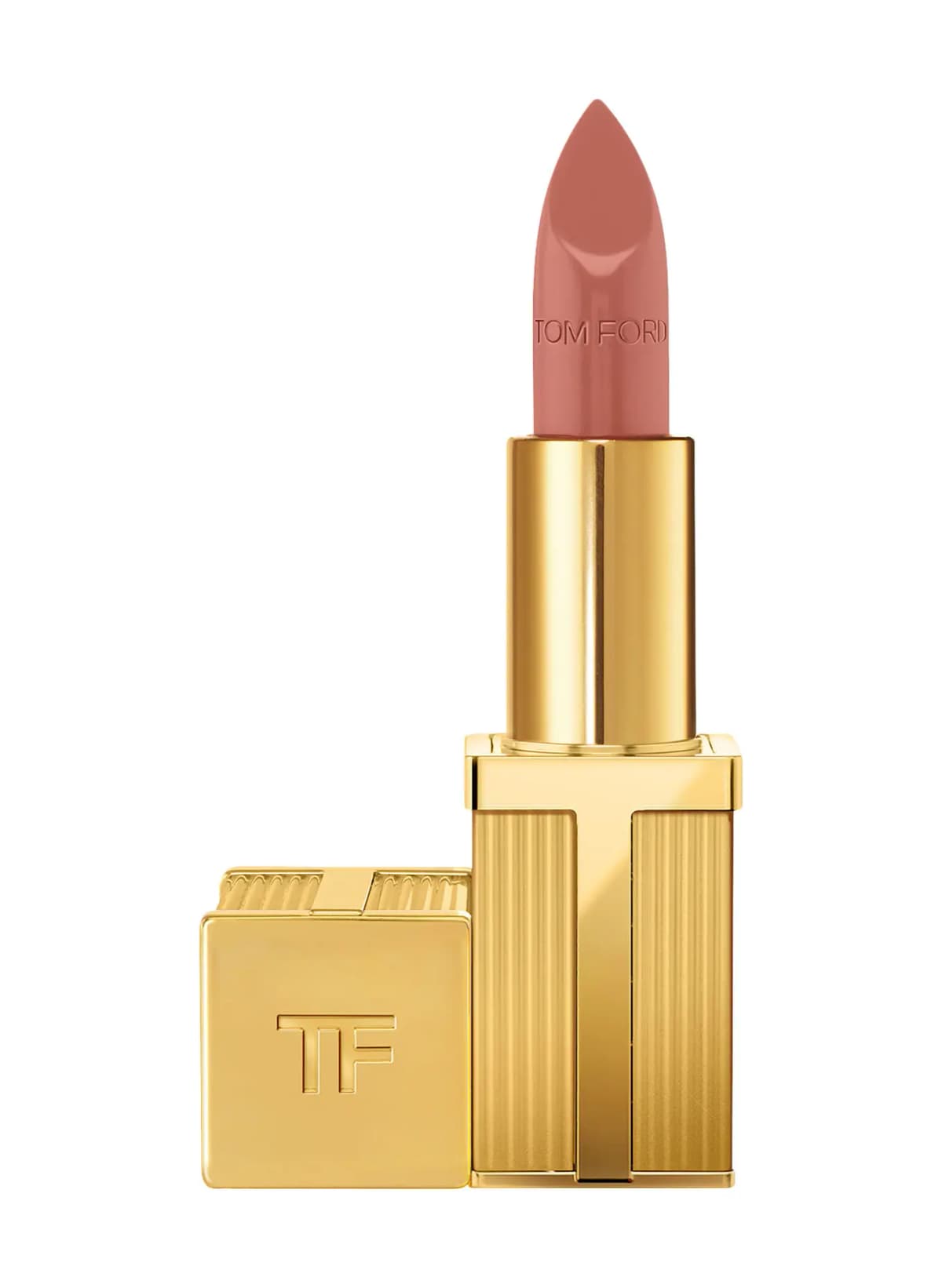 Single gold Tom Ford lipstick in a rosy nude shade beside its TF-embossed cap on white