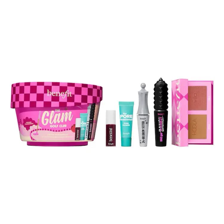 Benefit The Glam Golf Club checkered tin with Benetint, POREfessional primer, Brow Setter, BADgal BANG! and Willa/Hoola duo
