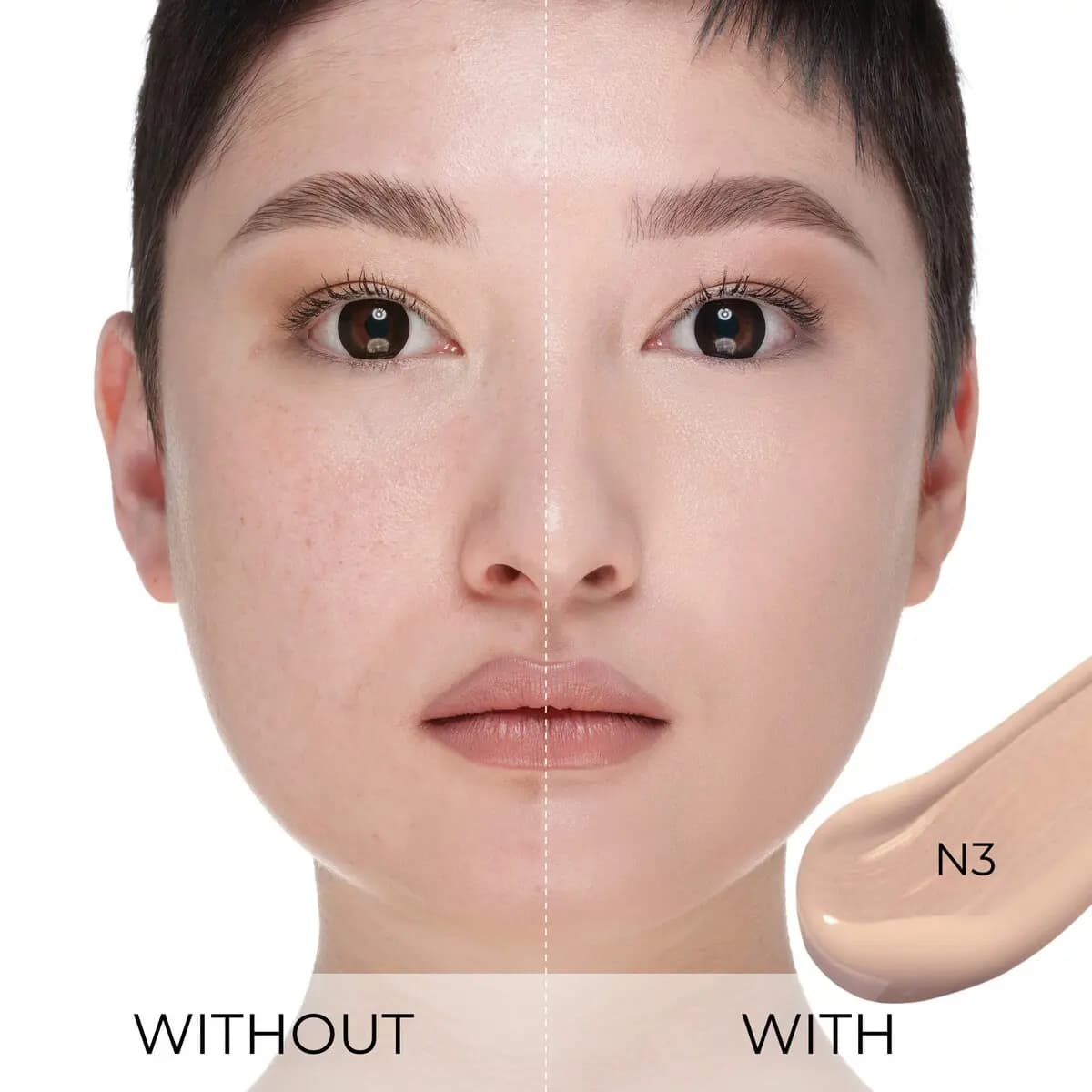 Half-face before-and-after of a model showing redness evened out with shade N3, swatch at the lower right