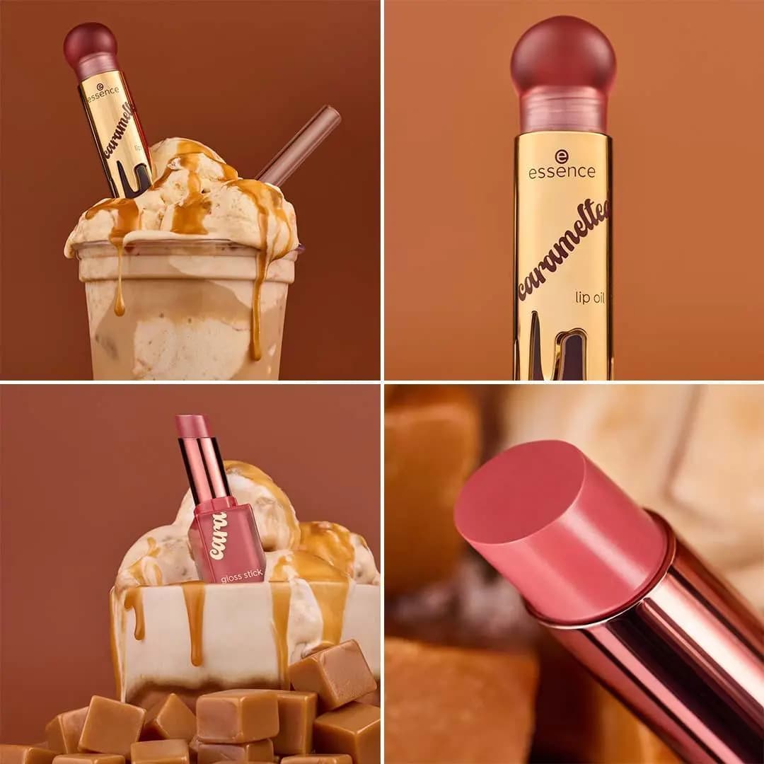 essence caramelted Lip Oil and Gloss Stick in ice cream sundaes with caramel sauce, plus close-ups of each