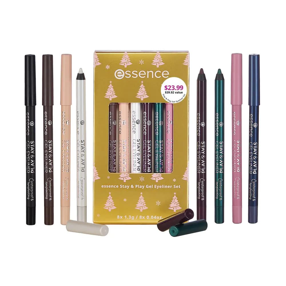 Stay & Play Gel Eyeliner Set gold box with eight pencils in black, brown, nude, white, plum, green, pink and navy