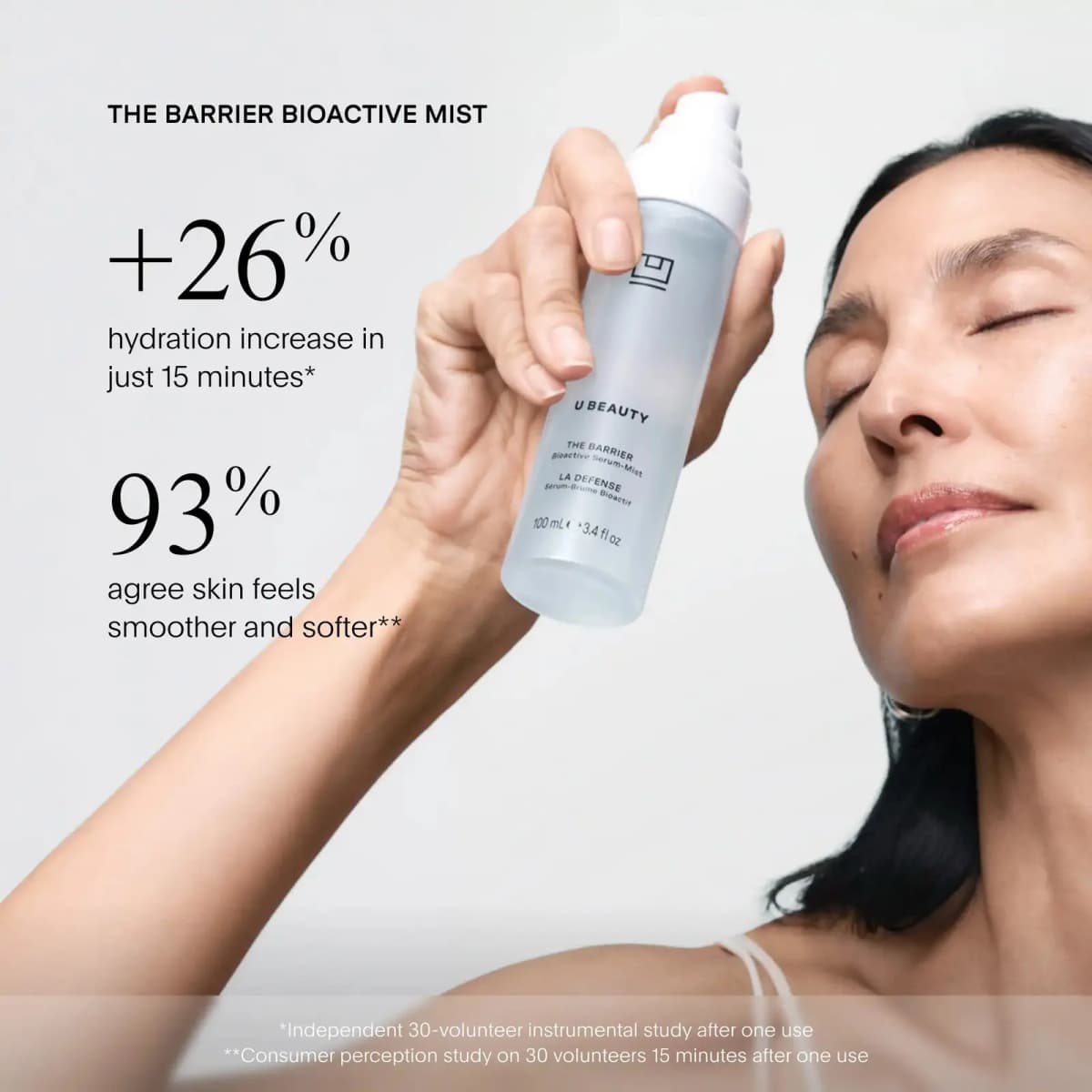 Dark-haired woman spraying The BARRIER Bioactive Serum-Mist toward her face beside hydration result stats