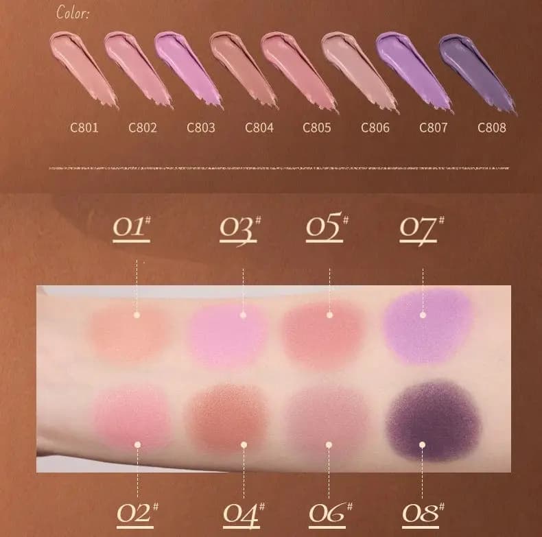 Eight shade swatches labelled C801 to C808 above numbered arm swatches from soft peach and pink to deep plum