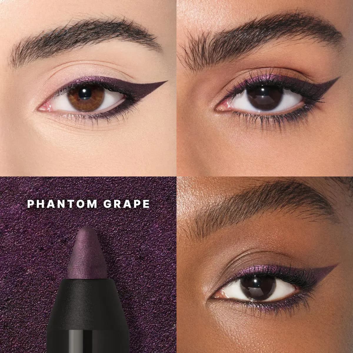 Four-panel grid showing eye looks with metallic plum winged liner on different models alongside the Phantom Grape pencil tip