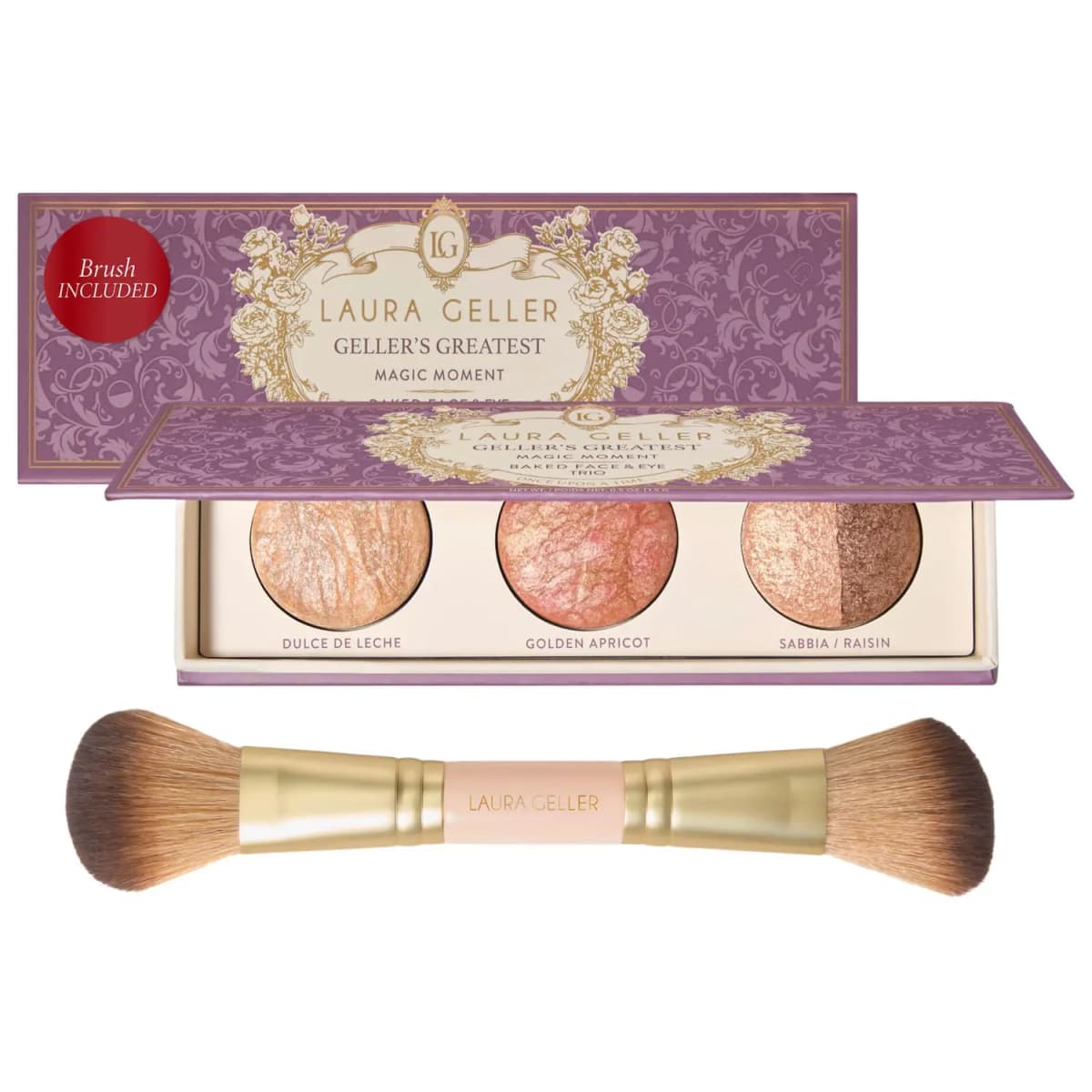 Laura Geller Geller's Greatest Magic Moment trio in purple floral box with a dual-ended brush and red Brush Included badge.