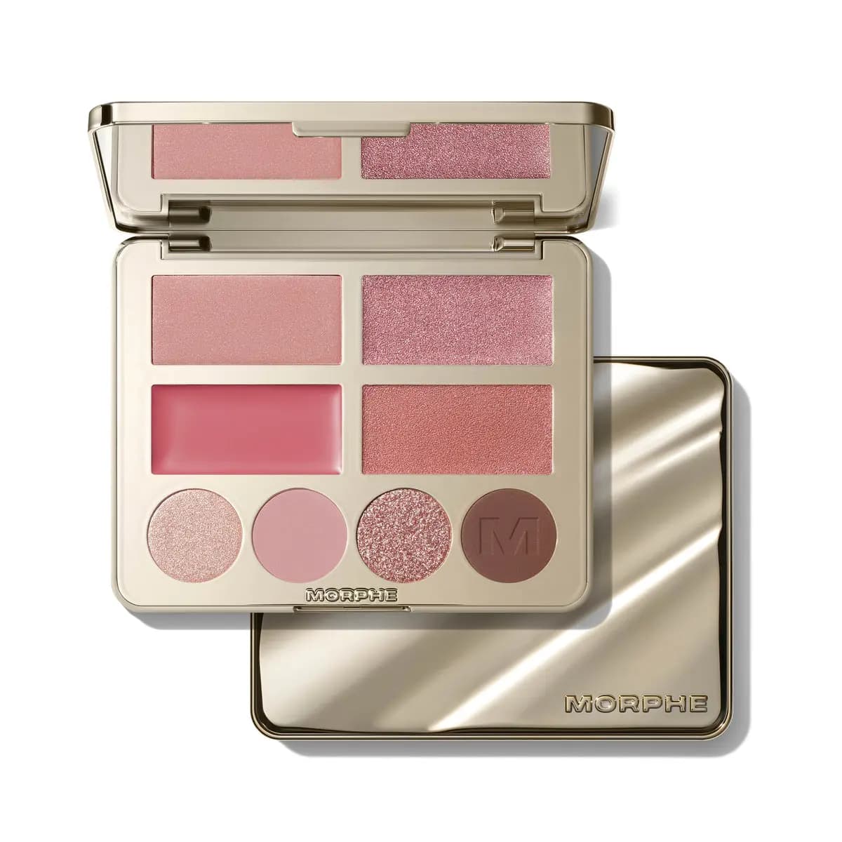 Open gold palette with soft pink blushes, pink cream lip shade and four pink-to-brown eyeshadows beside its mirrored lid