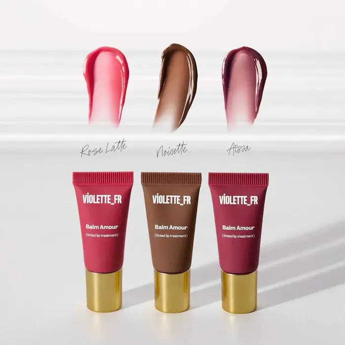 Rose Latte, Noisette and Aïssa Balm Amour swatches above their matching pink, brown and berry mini tubes.