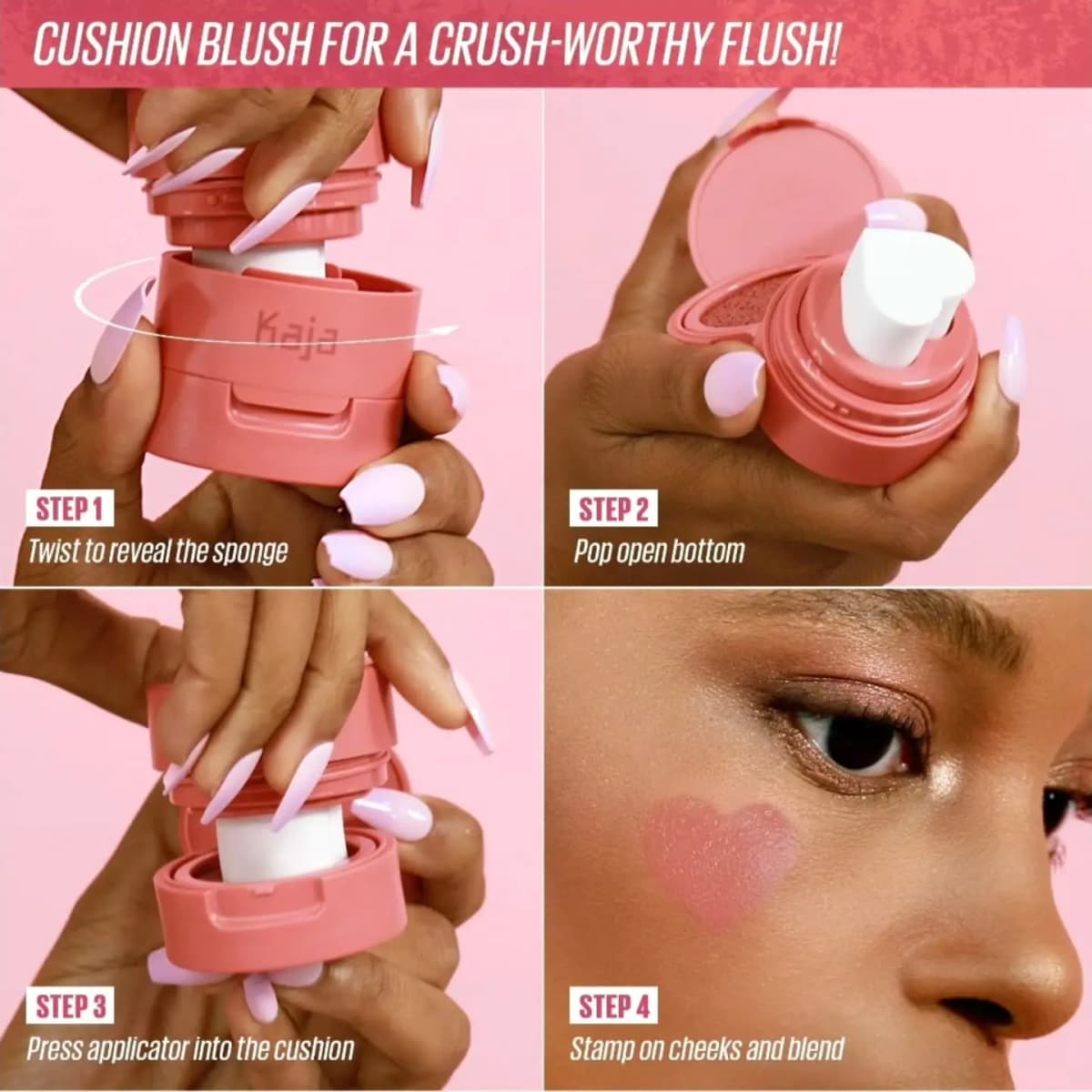 Four-step guide to twist, open and press the Cheeky Stamp, ending with a pink heart stamped on a cheek.