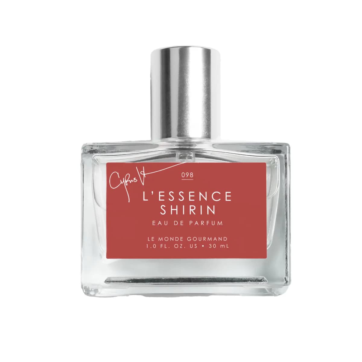 Le Monde Gourmand L'Essence Shirin Eau de Parfum 30 ml in clear rectangular glass with silver cap and red signed label