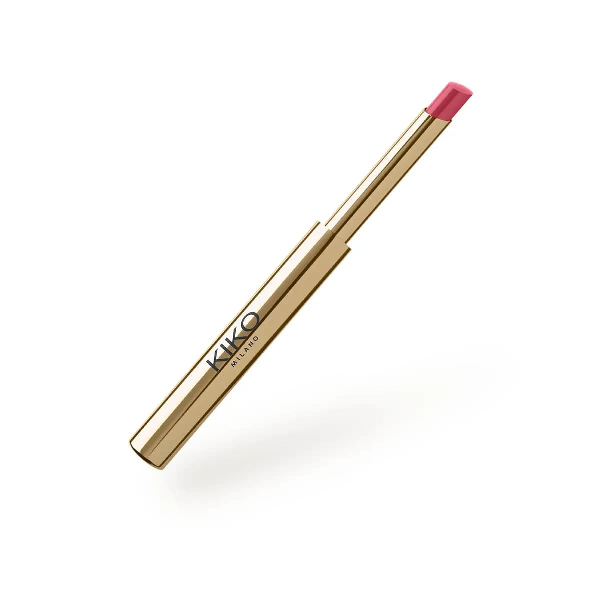 Slim gold bullet lipstick with a raspberry pink angled tip