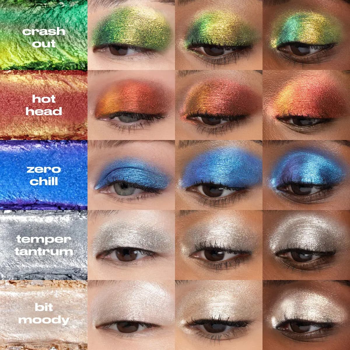 Grid of five shade swatches beside eye looks on three skin tones: Crash Out, Hot Head, Zero Chill, Temper Tantrum, Bit Moody.