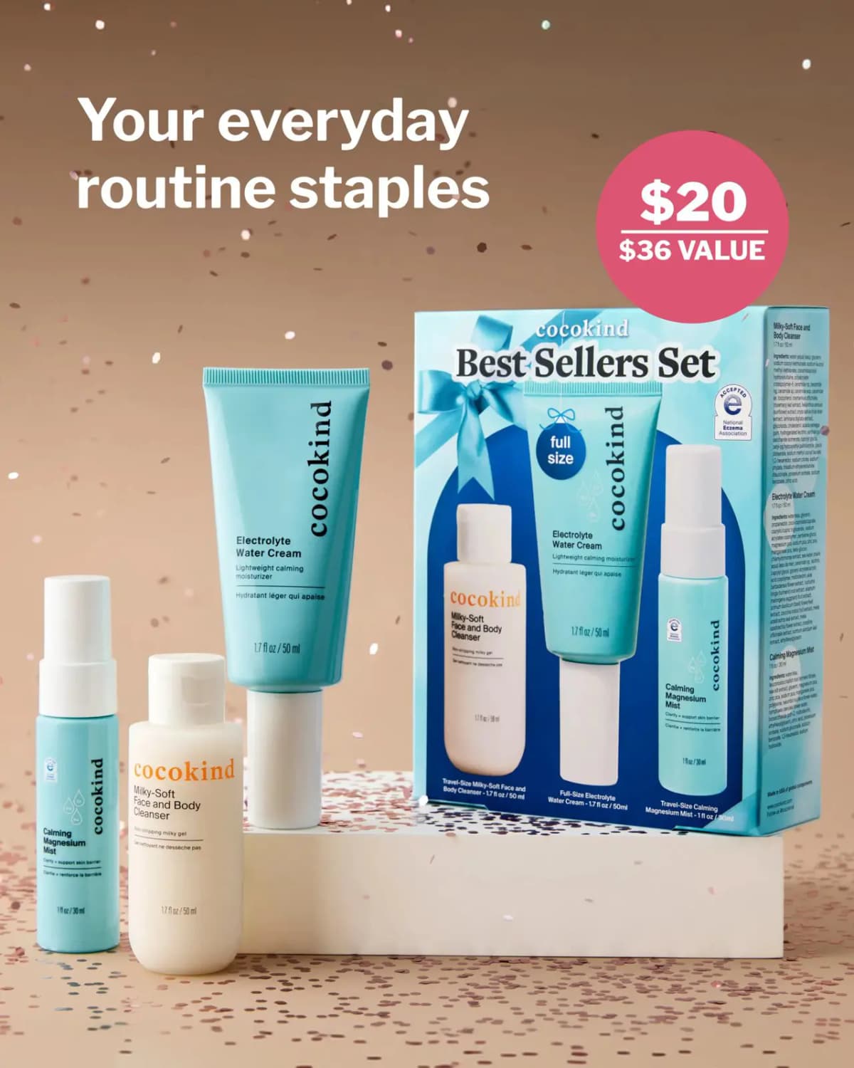 Best Sellers Set box with Electrolyte Water Cream, Milky-Soft Cleanser and Calming Magnesium Mist, $20 badge