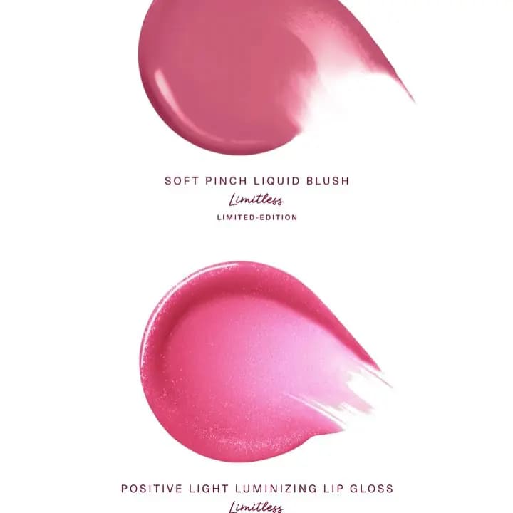 Swatches of Soft Pinch Liquid Blush and Positive Light Luminizing Lip Gloss in Limitless, rose and shimmery pink