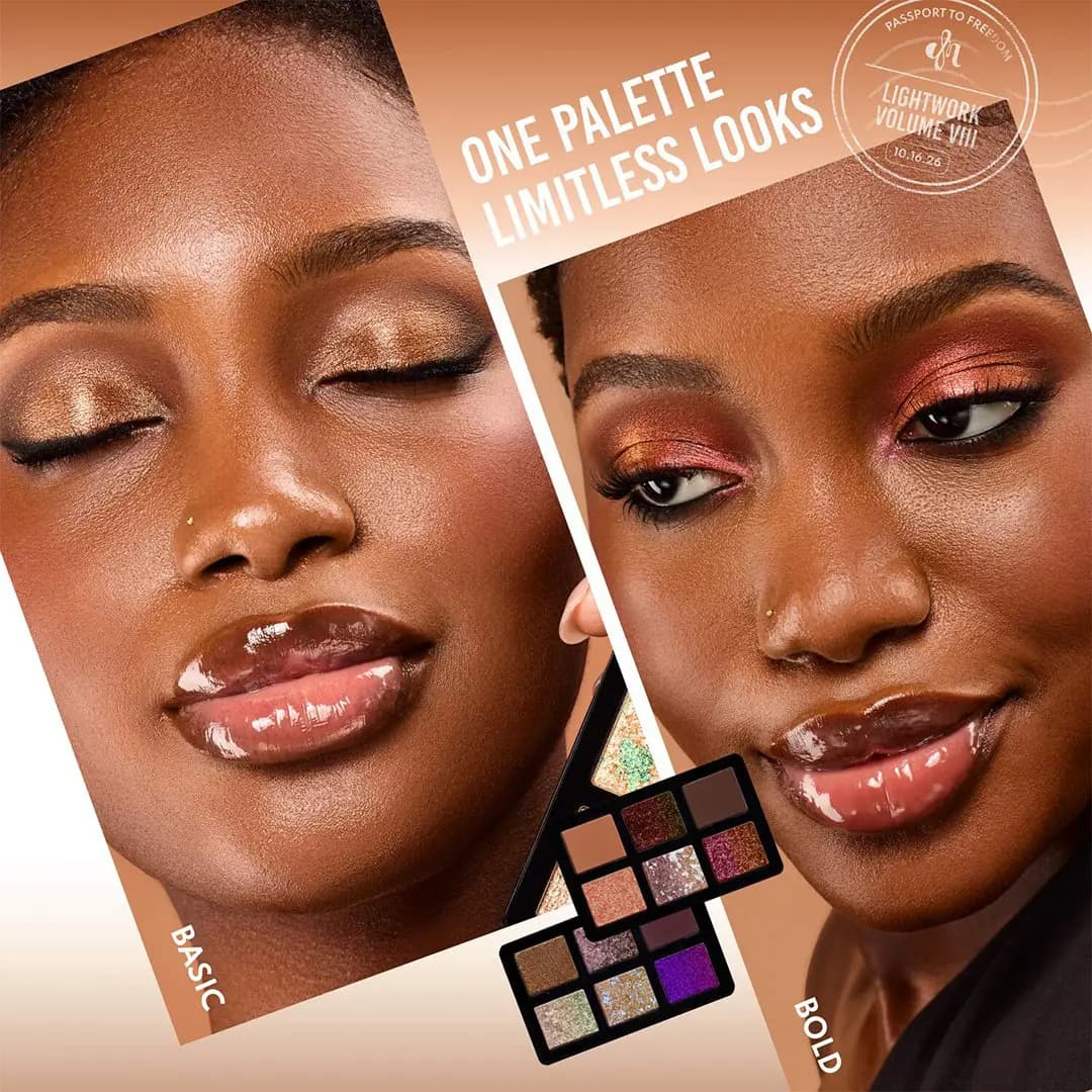 Deep-skinned model in a golden basic eye look beside a bold copper and pink eye look