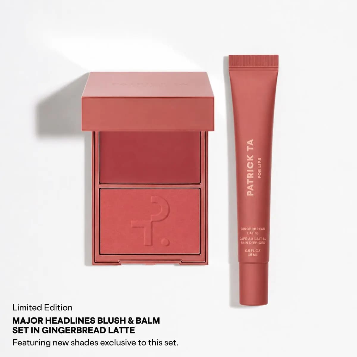 Patrick Ta Major Headlines Blush & Balm Set in Gingerbread Latte: a warm mocha blush compact beside a matching lip balm tube