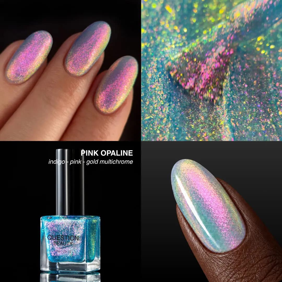Pink Opaline indigo-pink-gold multichrome on nails, in a macro swirl and in an aqua-tinted Question Beauty bottle