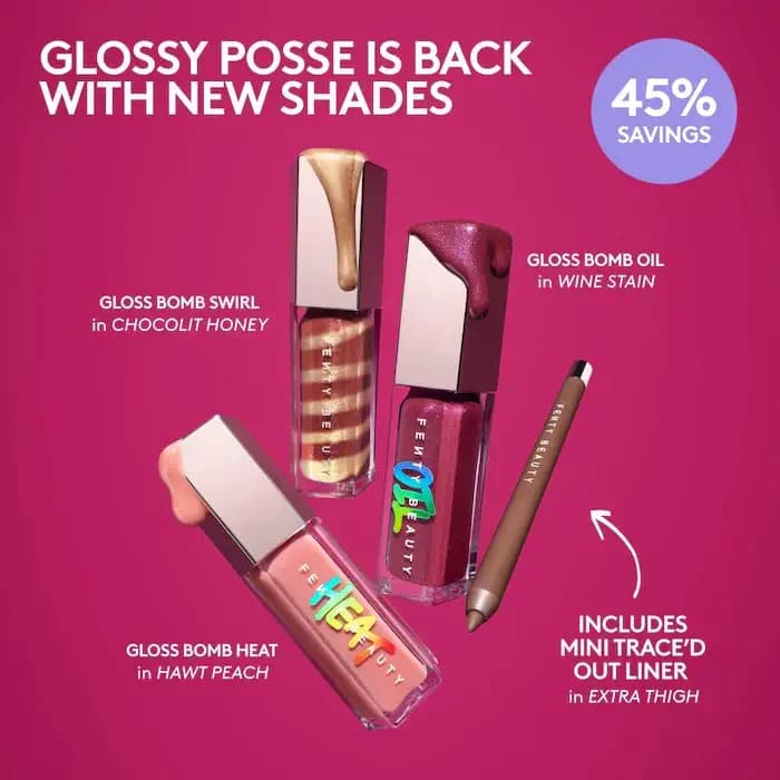 Gloss Bomb Swirl Chocolit Honey, Oil Wine Stain, Heat Hawt Peach and Extra Thigh liner on magenta with 45% savings badge