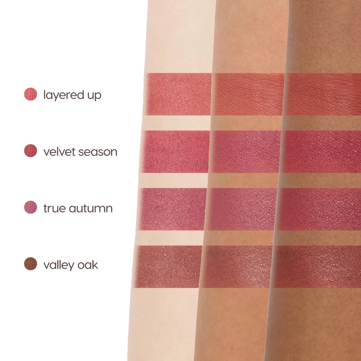 Arm swatches of Layered Up, Velvet Season, True Autumn and Valley Oak liners on three skin tones