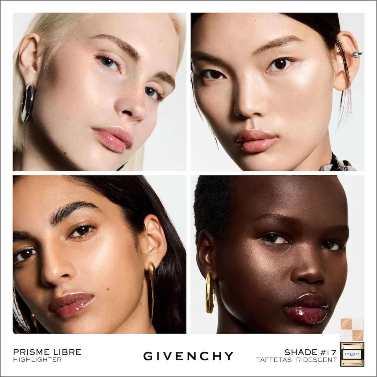 Four models of varied skin tones with glowing cheekbones wearing Prisme Libre highlighter in N°17 Taffetas Iridescent