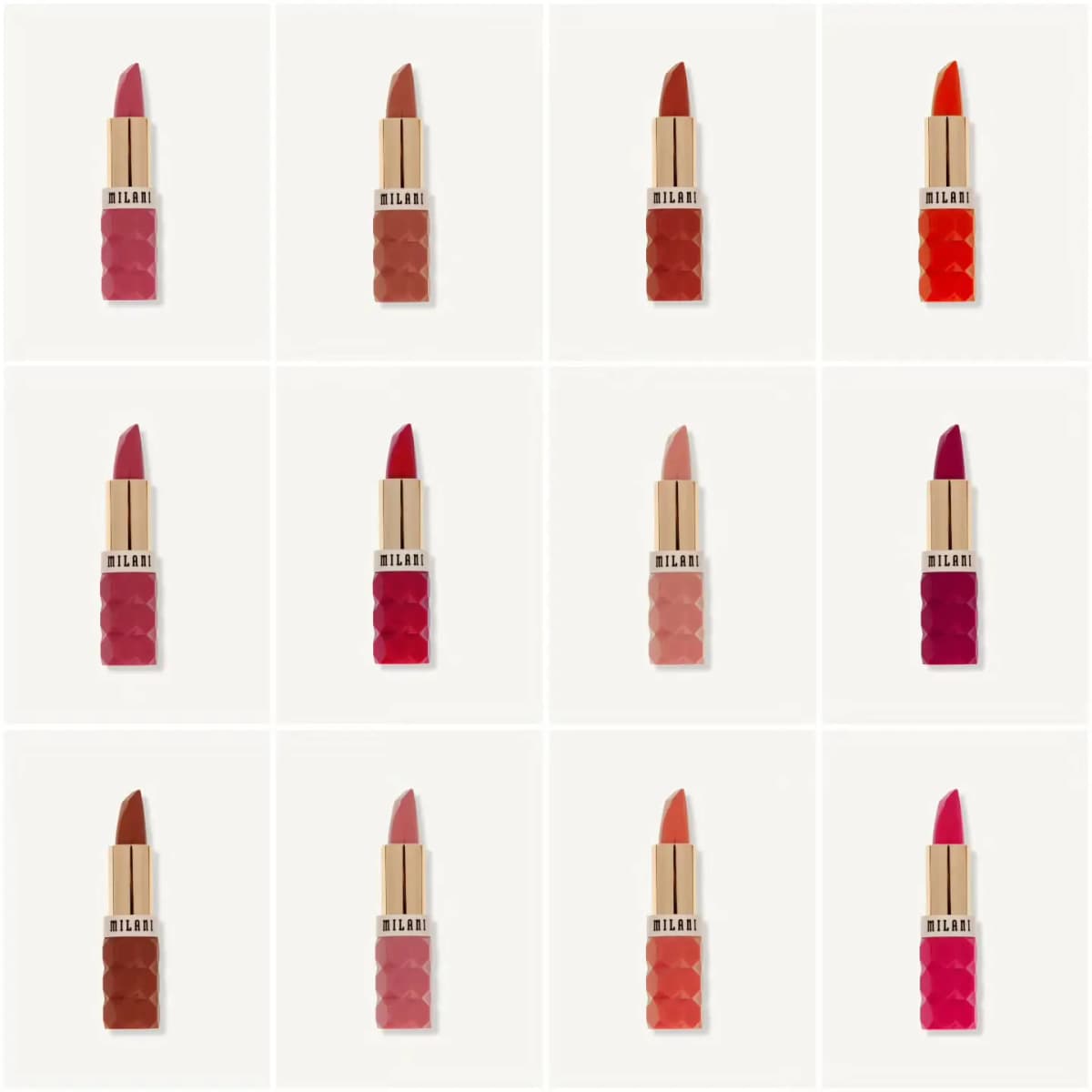 Grid of twelve open Milani lipsticks with gold sleeves and faceted cases matching each bullet colour