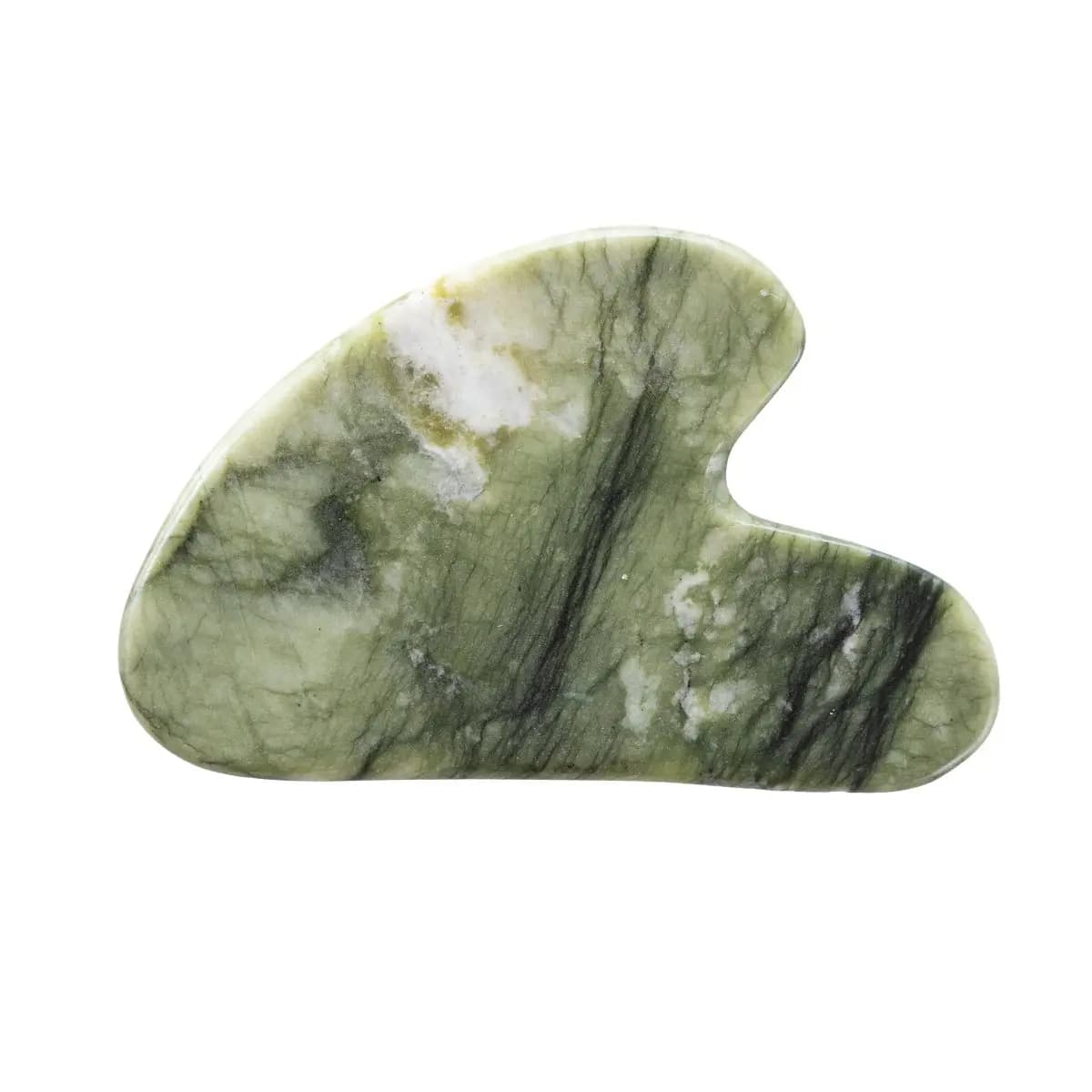 Marbled green stone gua sha facial tool with dark veins and white flecks