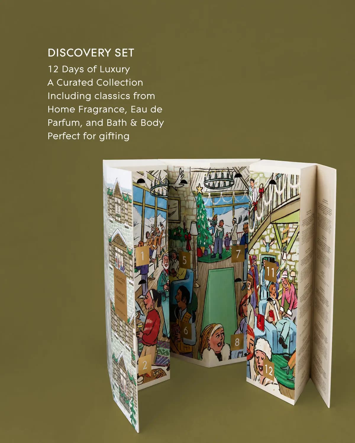 Opened tri-fold discovery calendar showing numbered doors 1 to 12 with festive chalet interior illustrations