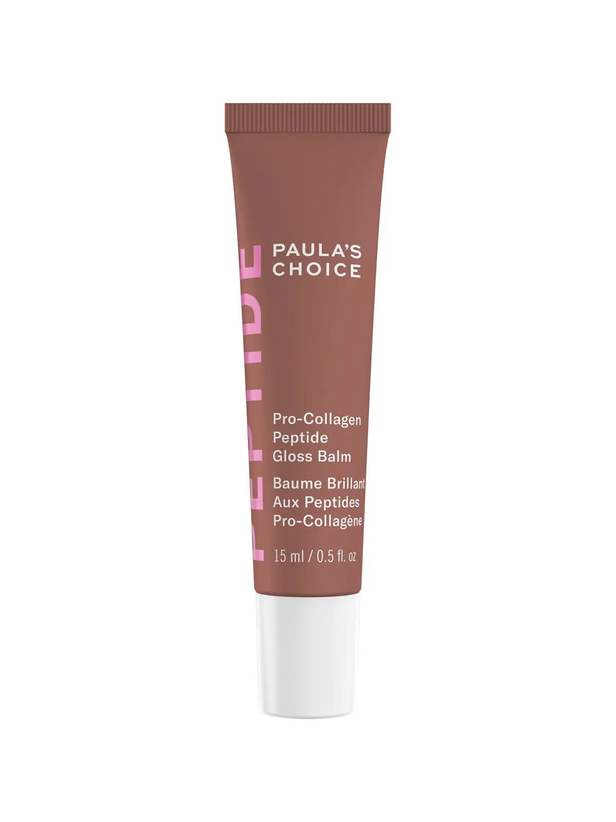 Paula's Choice Pro-Collagen Peptide Plumping Gloss Balm Lip Treatment in Toasted Vanilla, brown tube with pink lettering