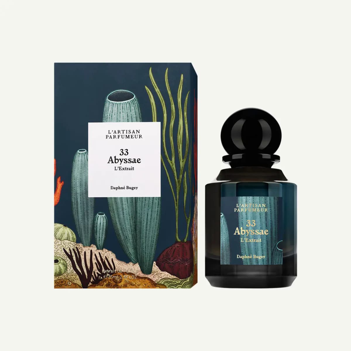 Abyssae L'Extrait 75 ml box with illustrated sponges, seaweed and coral beside its dark bottle with teal label