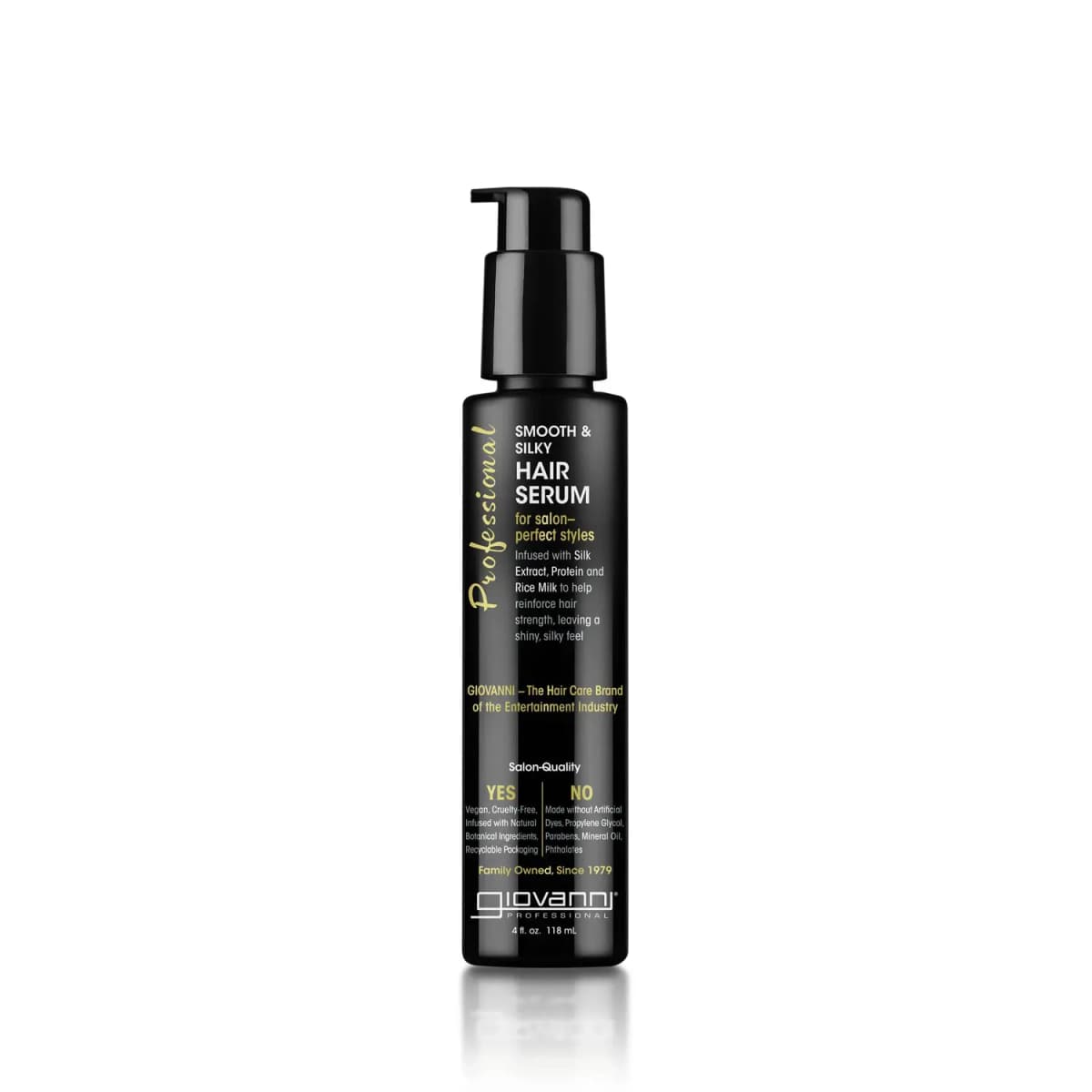 Giovanni Professional Smooth & Silky Hair Serum in a slim black 4 fl oz pump bottle.