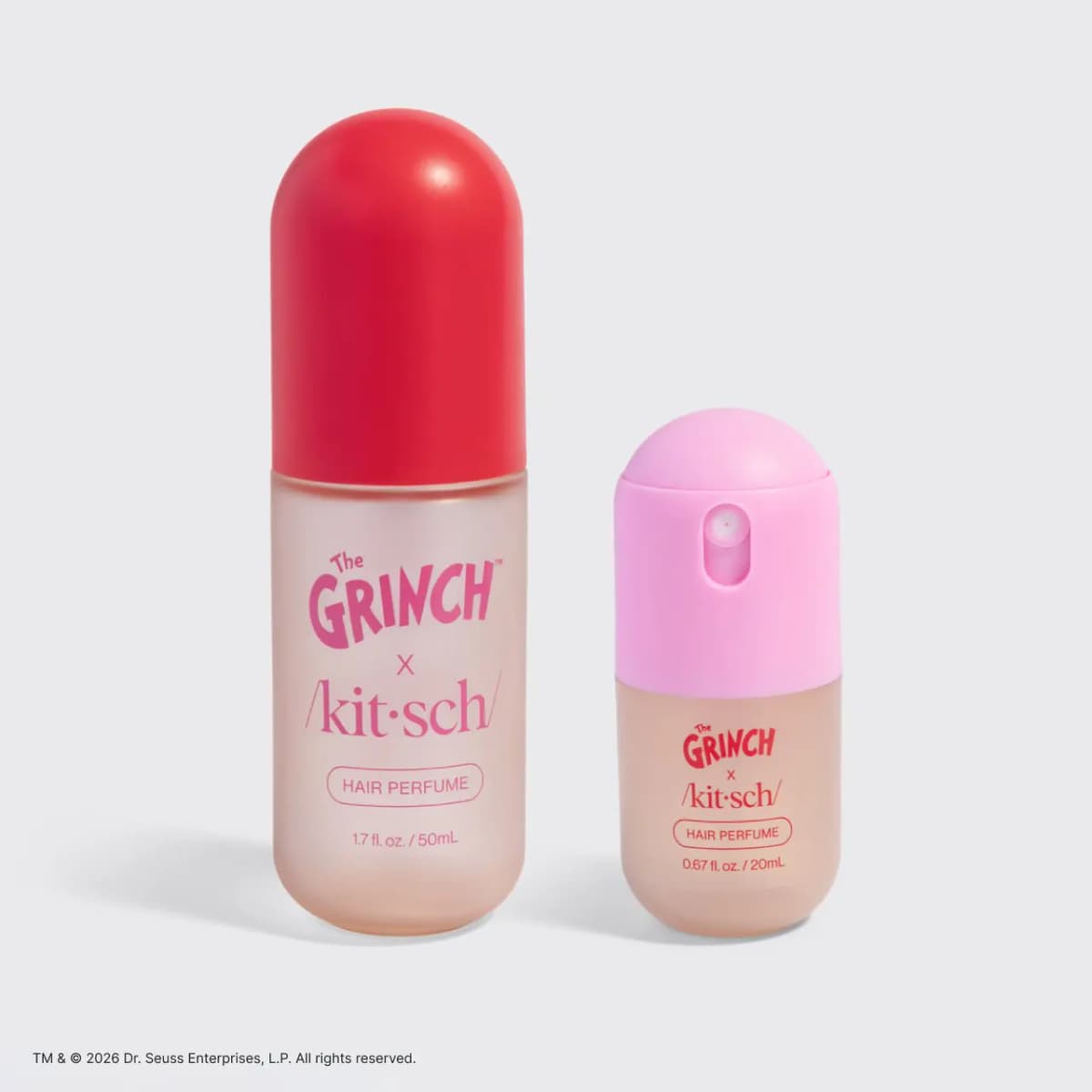 Red-capped 50mL bottle beside a smaller 20mL bottle with a pink spray cap on a light grey background