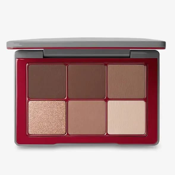Westman Atelier The Eyeshadow Holiday Edit open, showing six brown and beige shades in a red-and-grey compact