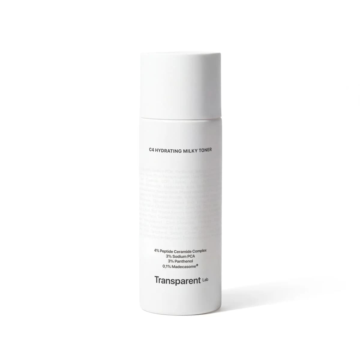 White cylindrical bottle of Transparent Lab C4 Hydrating Milky Toner with peptide ceramide complex