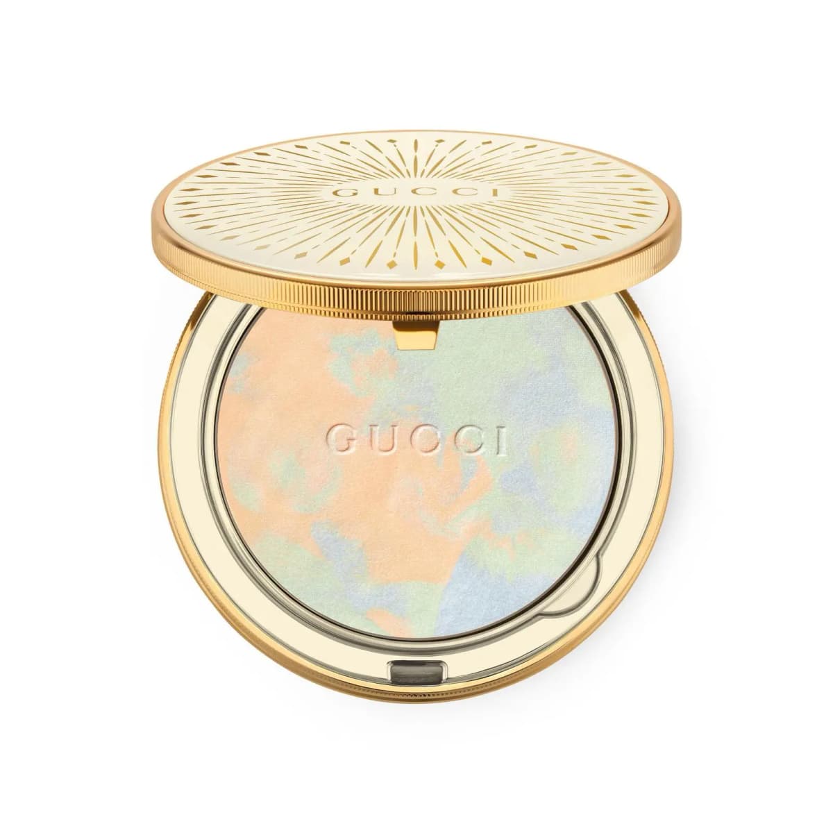 Open ivory and gold compact with a peach, mint and blue marbled powder pan embossed with Gucci